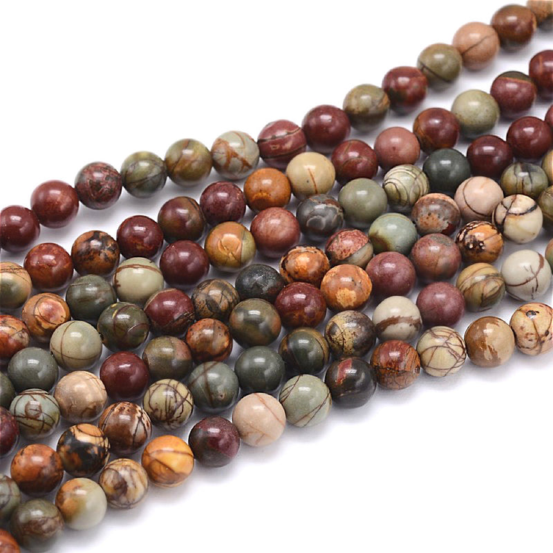 Perles rondes en jaspe naturel Picasso 8 mm - Tons de terre de granit bordeaux - 1 brin 46 perles - BD608