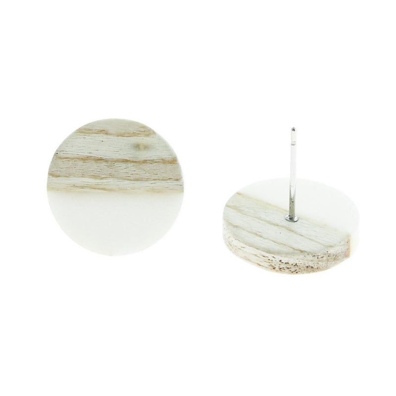 Wood Stainless Steel Earrings - White Resin Round Studs - 15mm - 2 Pieces 1 Pair - ER104