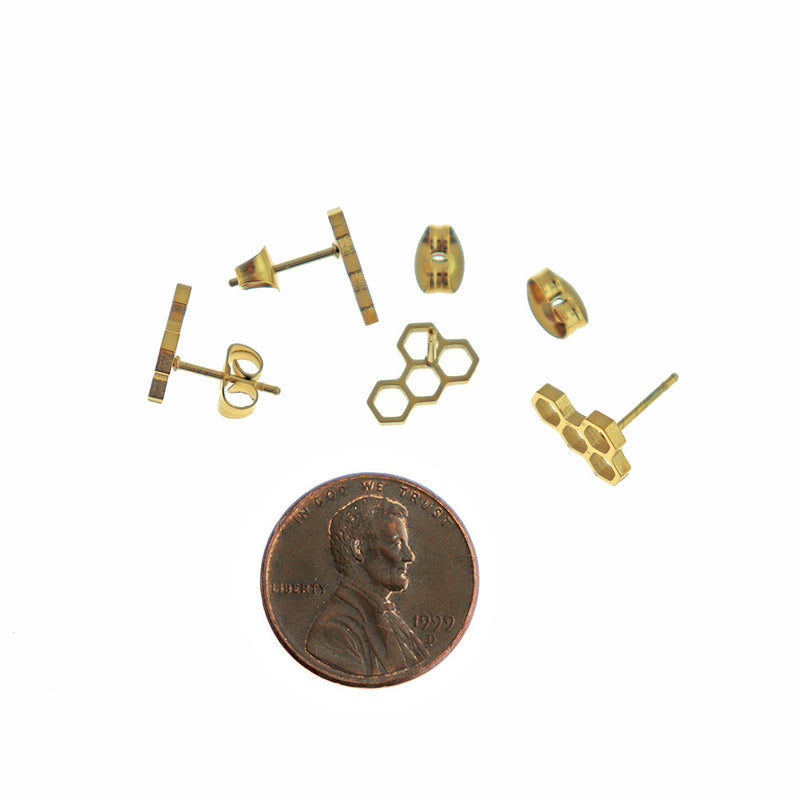 Honeycomb Gold Tone Titanium Steel Earring Studs - 11mm - 2 Pieces 1 Pair - ER789