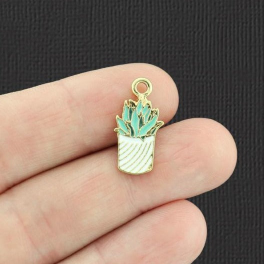 4 Succulent Gold Tone Enamel Charms - E610