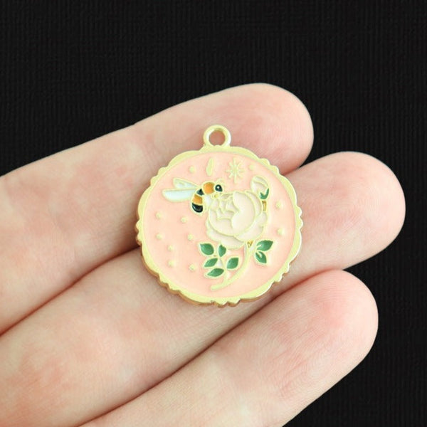 2 Flower with Bee Gold Tone Enamel Charms - E1594