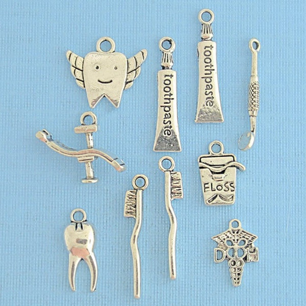 Deluxe Dental Charm Collection Antique Silver Tone 10 Charms - COL314