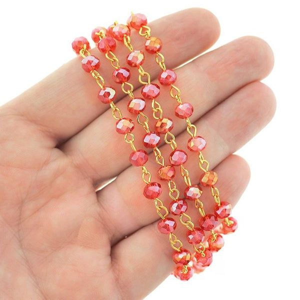 BULK Beaded Rosary Chain - 6mm Rondelle Red Glass & Gold Tone - 3.3ft or 1m - RC044