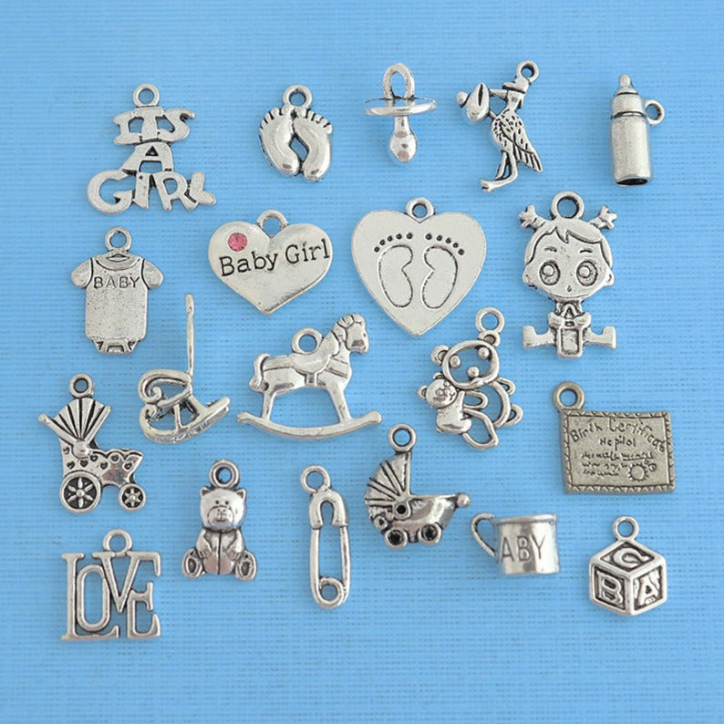 Deluxe Baby Girl Charm Collection Antique Silver Tone 20 Charms - COL285