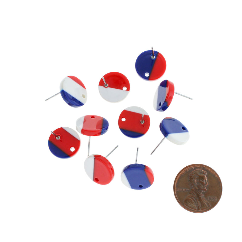 Resin Stainless Steel Earrings - Red, White, Blue Studs With Hole - 13mm x 2.5mm - 2 Pieces 1 Pair - ER343