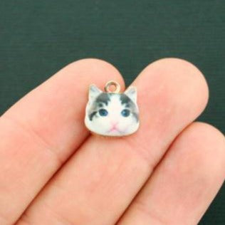 4 White and Grey Cat Gold Tone Enamel Charms - E338