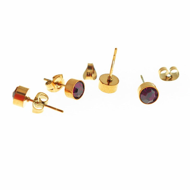 Gold Stainless Steel Birthstone Earrings - February - Amethyst Cubic Zirconia Studs - 15mm x 7mm - 2 Pieces 1 Pair - ER547
