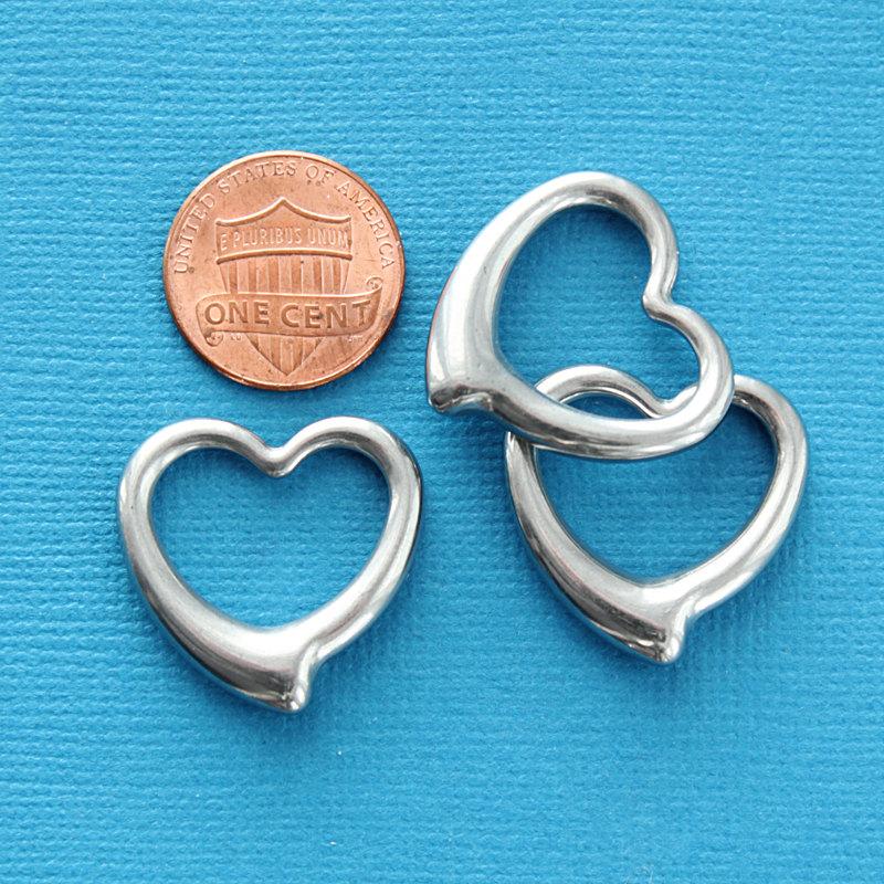 3 breloques en acier inoxydable ton argent coeur 2 faces - FD212