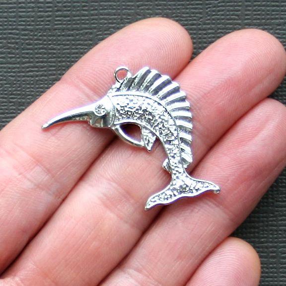 3 Marlin Antique Silver Tone Charms with Inset Rhinestone - SC2565