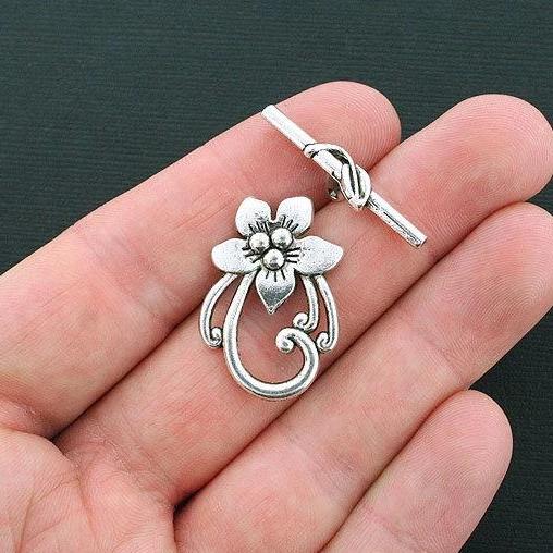 Flower Silver Tone Toggle Clasps 29mm x 20mm - 3 Sets 6 Pieces - SC3771