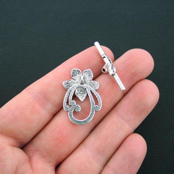 Flower Silver Tone Toggle Clasps 29mm x 20mm - 3 Sets 6 Pieces - SC3771