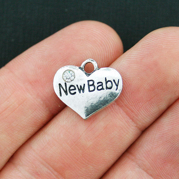 SALE 4 New Baby Heart Antique Silver Tone Charms 2 Sided With Inset Rhinestones- SC3914