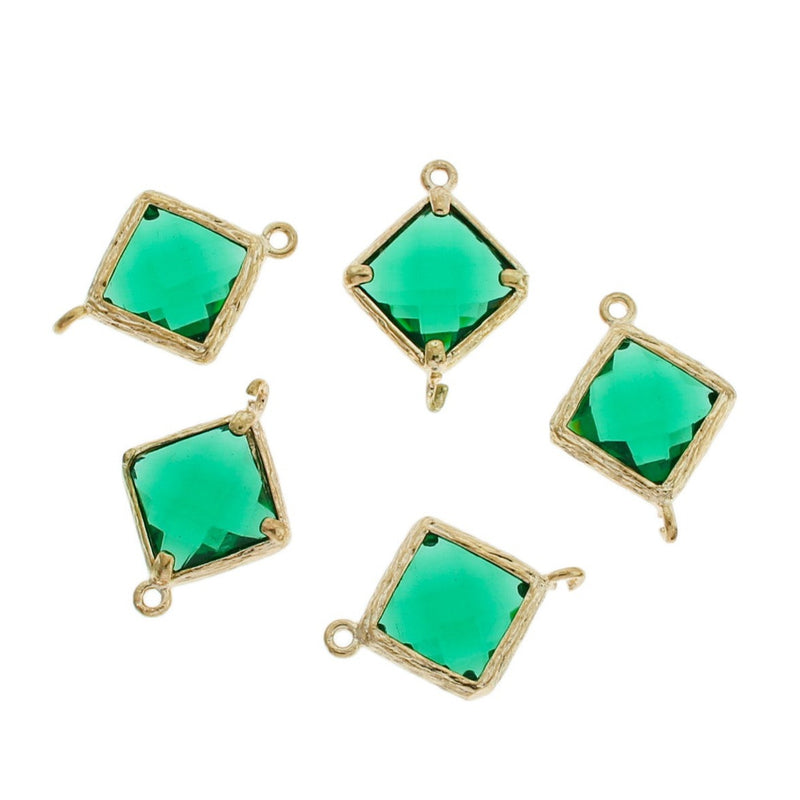 4 Emerald Green Glass Pendant Gold Tone Connector Charms - GP35