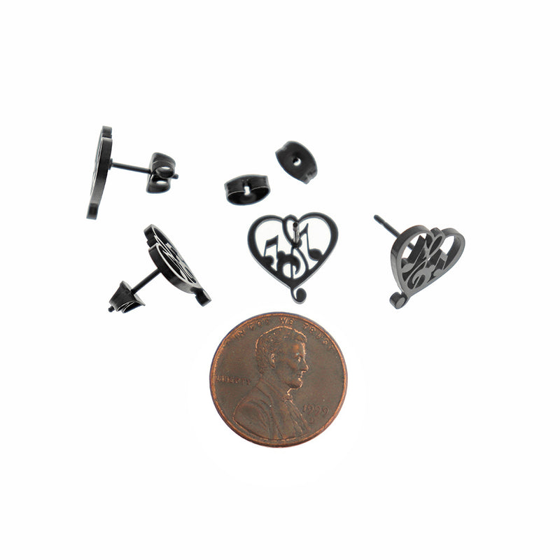 Black Tone Stainless Steel Earrings - Music Note Heart Studs - 13mm - 2 Pieces 1 Pair - ER808