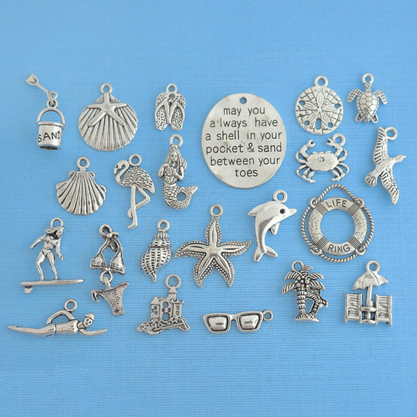 Deluxe Beach Charm Collection Antique Silver Tone 22 Charms - COL260