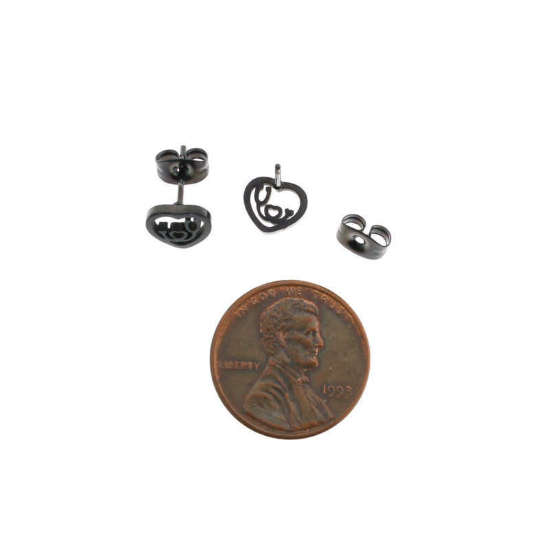 Boucles d'oreilles en acier inoxydable noir Gunmetal - Stéthoscope Heart Studs - 8mm x 6mm - 2 pièces 1 paire - ER062