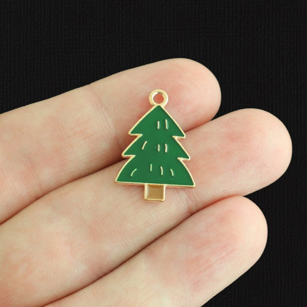5 Christmas Tree Gold Tone Enamel Charms - E451