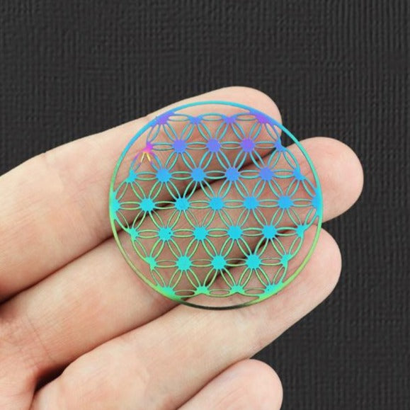 2 Flower of Life Rainbow Electroplated Stainless Steel Charms 2 Sided - E930