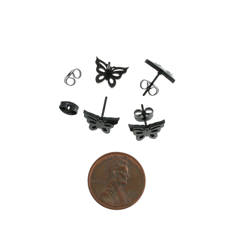 Gunmetal Black Stainless Steel Earrings - Butterfly Studs - 12mm x 9mm - 2 Pieces 1 Pair - ER390