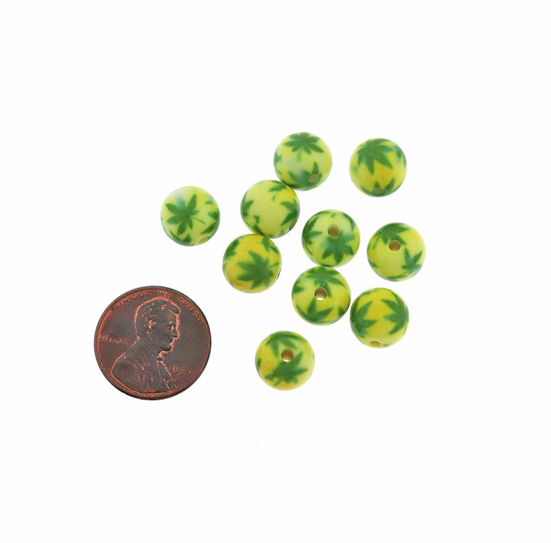 Round Acrylic Beads 10mm - Green Weed Leaf - 10 Beads - BD031