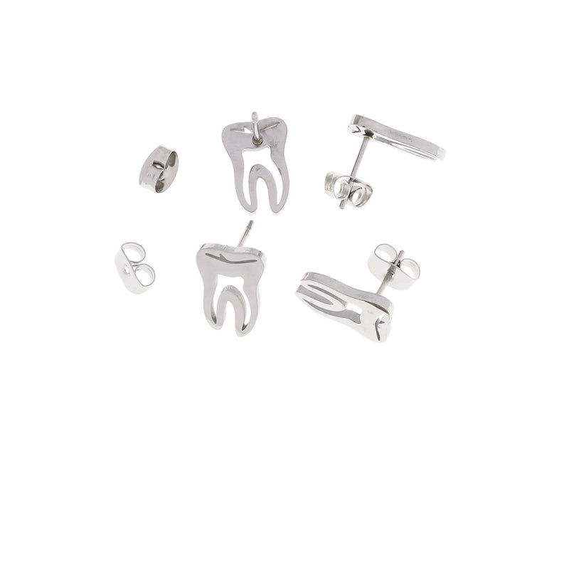 Stainless Steel Earrings - Tooth Studs - 13mm x 9mm - 1 Pair - Choose Your Tone!