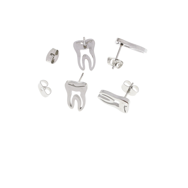 Stainless Steel Earrings - Tooth Studs - 13mm x 9mm - 2 Pieces 1 Pair - ER414