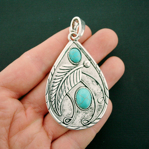 Leaf Antique Silver Tone Charm With Imitation Turquoise - SC6713