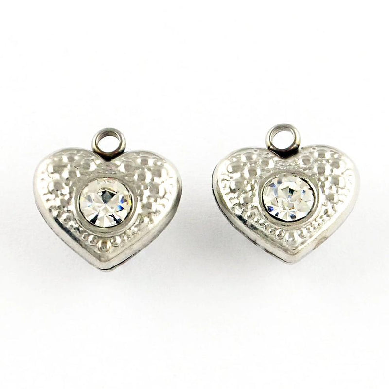 5 Heart Silver Tone Stainless Steel Charms with Inset Rhinestone 2 Sided - MT306