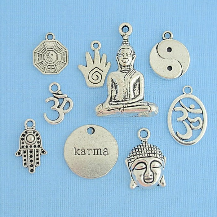 Buddha Charm Collection Antique Silver Tone 9 Different Charms - COL093