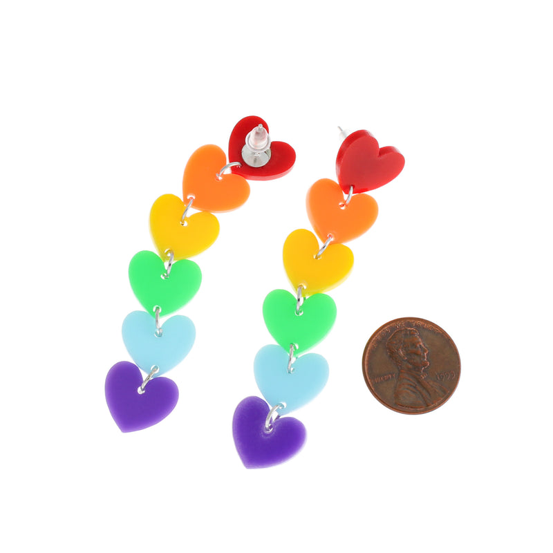 Acrylic Earrings - Rainbow Heart Studs - 75mm x 15mm - 2 Pieces 1 Pair - ER249