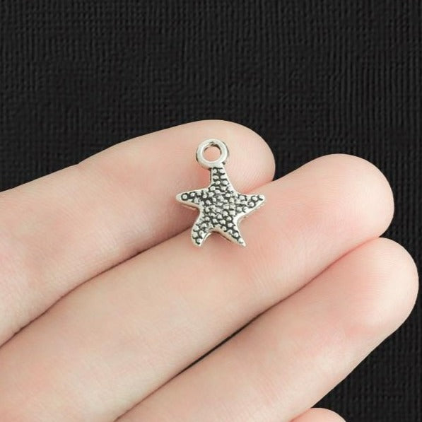 10 Starfish Antique Silver Tone Charms 2 Sided - SC4116