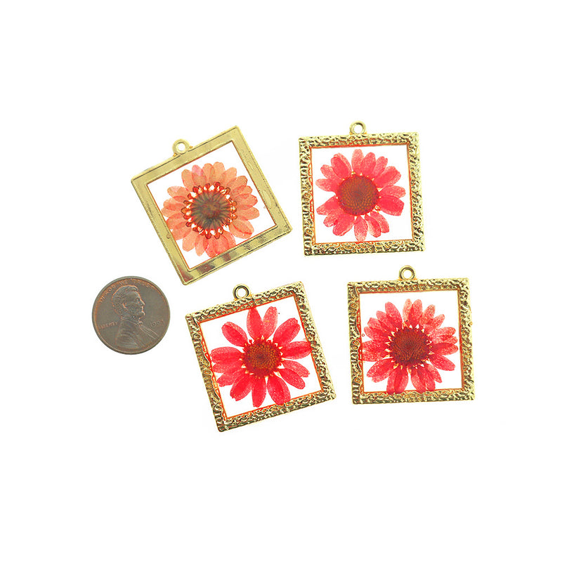 2 Pink Dried Flower Gold Tone and Resin Charms - Z096-A