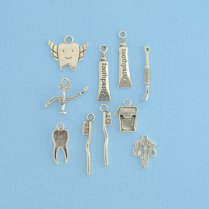Deluxe Dental Charm Collection Antique Silver Tone 10 Charms - COL314