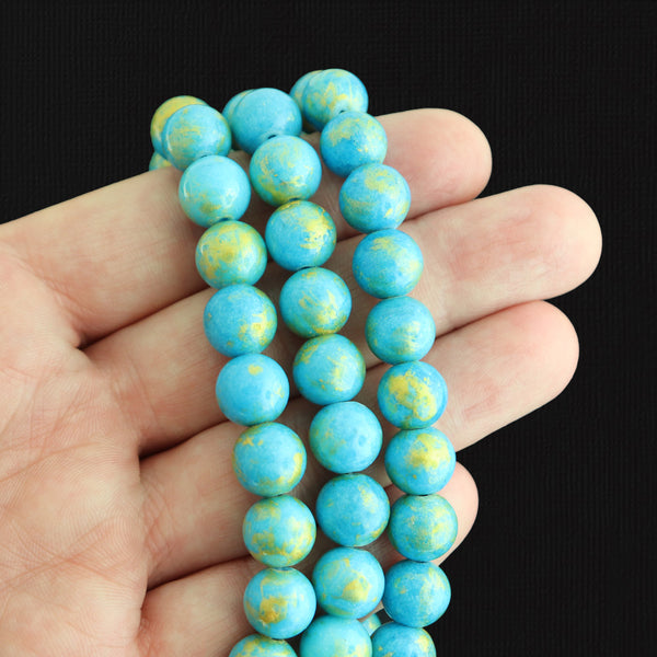 Round Natural Jade Beads 10mm - Blue and Gold Powder - 1 Strand 41 Beads - BD1754