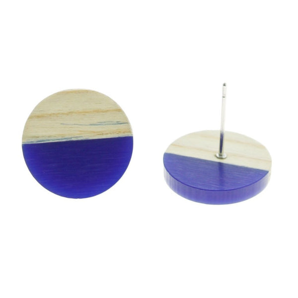 Wood Stainless Steel Earrings - Blue Resin Round Studs - 15mm - 2 Pieces 1 Pair - ER100