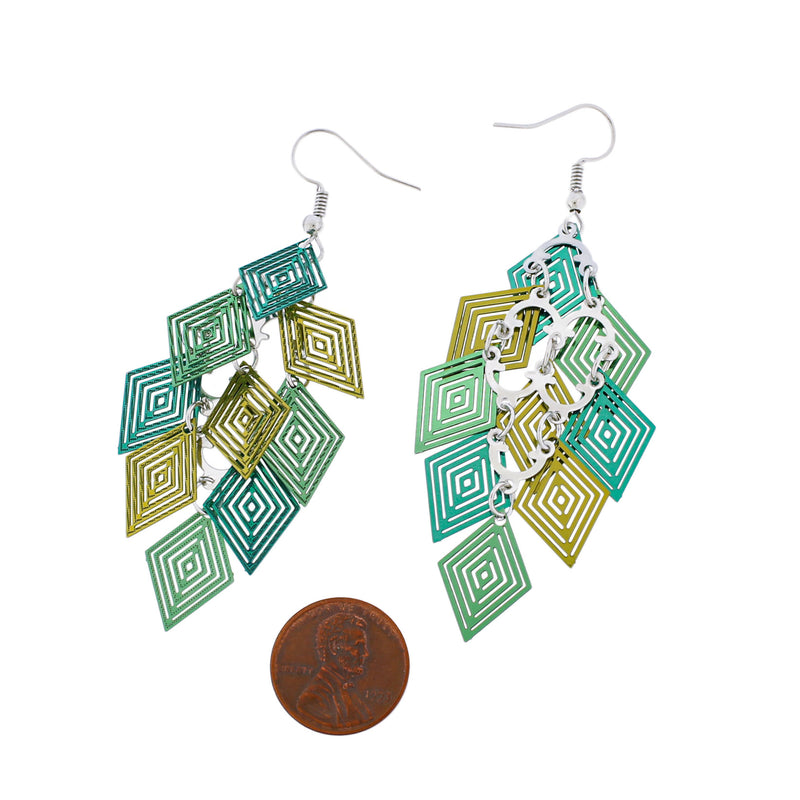 Boucles d'oreilles pendantes géométriques vertes - Style crochet français en acier inoxydable - 2 pièces 1 paire - ER619