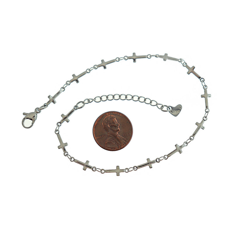 Stainless Steel Cross Chain Bracelet 11" Plus Extender - 3mm - 1 Bracelet - N805