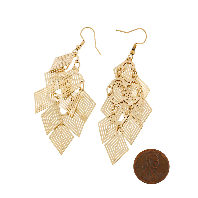 Gold Geometric Dangle Earrings - Stainless Steel French Hook Style - 2 Pieces 1 Pair - ER617