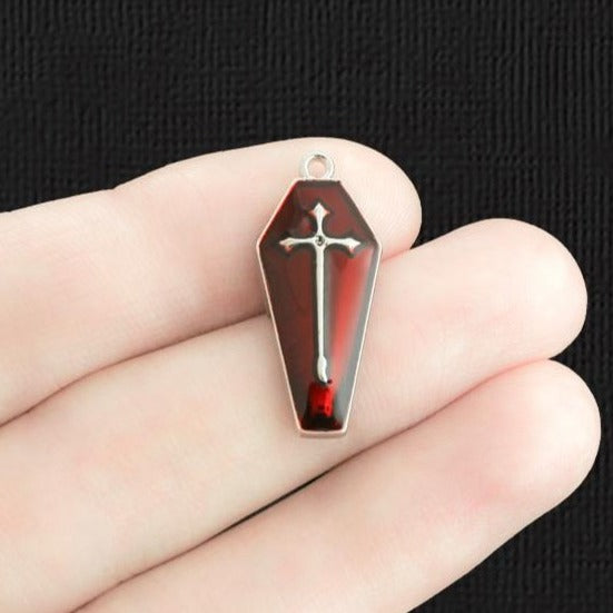 4 Red Coffin with Cross Silver Tone Enamel Charms - E1282
