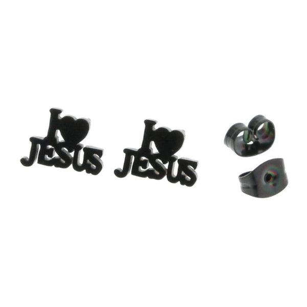 Gunmetal Black Stainless Steel Earrings - I Love Jesus Studs - 10mm x 7mm - 2 Pieces 1 Pair - ER050