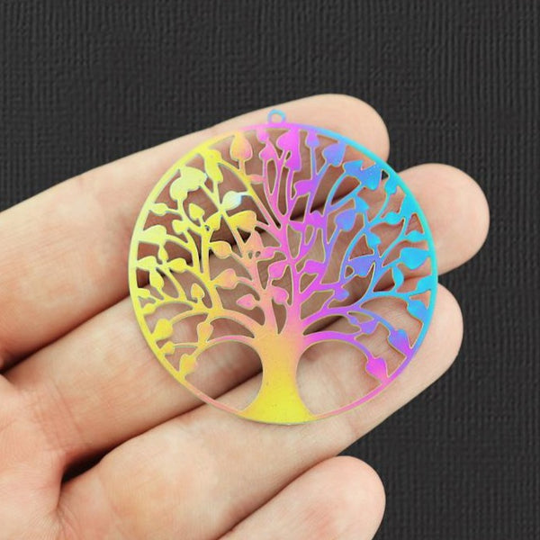 2 Tree of Life Rainbow Electroplated Stainless Steel Charms 2 Sided - SSP233