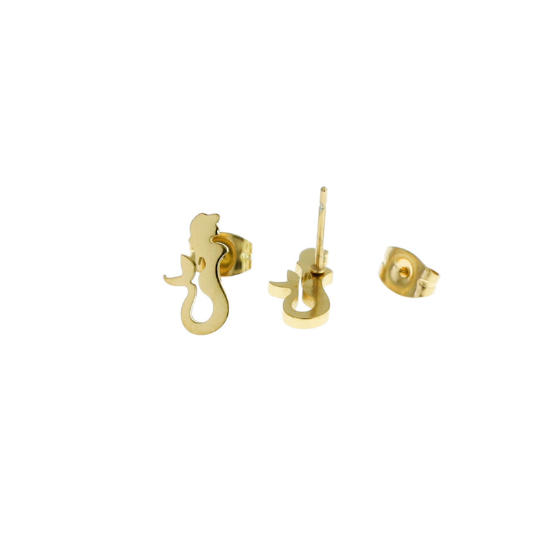 Gold Stainless Steel Earrings - Mermaid Studs - 12mm x 6mm - 2 Pieces 1 Pair - ER193