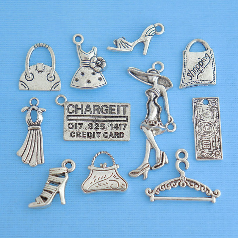 Shopping Charm Collection Antique Silver Tone 11 Different Charms - COL080