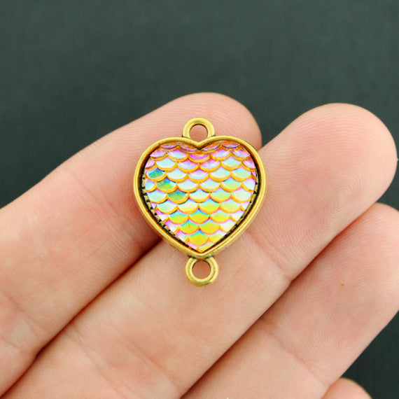 4 Mermaid Scale Heart Connector Antique Gold Tone Resin Cabochon Charms - Z762
