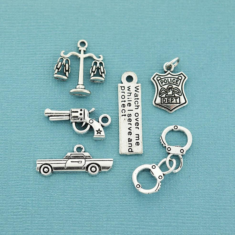 Police Charm Collection Antique Silver Tone 6 Different Charms - COL063
