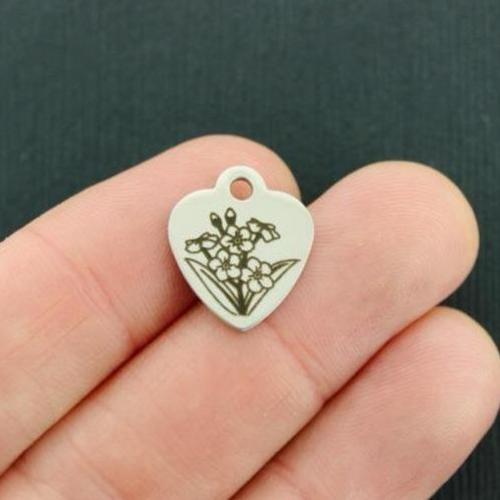 Forget Me Not Flowers Stainless Steel Small Heart Charms - BFS012-3452