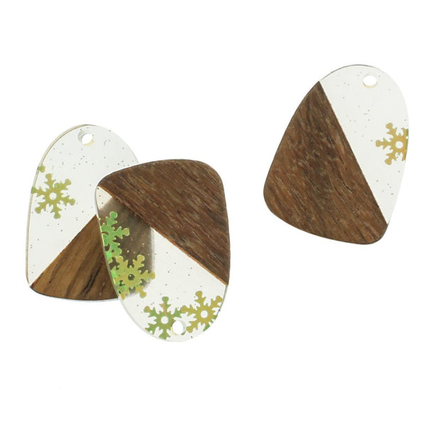 2 Drop Natural Wood and Clear with Snowflakes Resin Charms 28mm - WP282