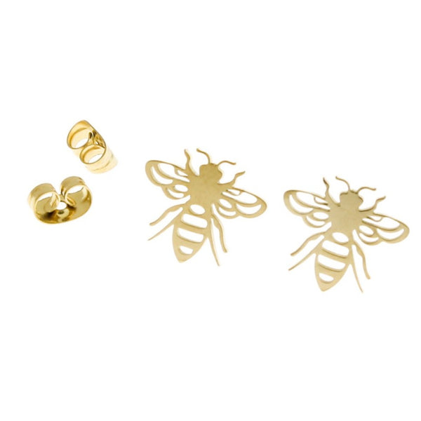Gold Stainless Steel Earrings - Bee Studs - 13mm x 12mm - 2 Pieces 1 Pair - ER014