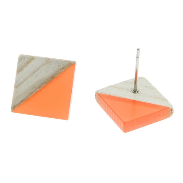 Wood Stainless Steel Earrings - Orange Resin Rhombus Studs - 18mm x 17mm - 2 Pieces 1 Pair - ER153