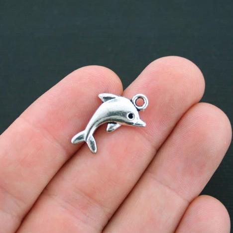 BULK 50 Dolphin Antique Silver Tone Charms 2 Sided - SC4313